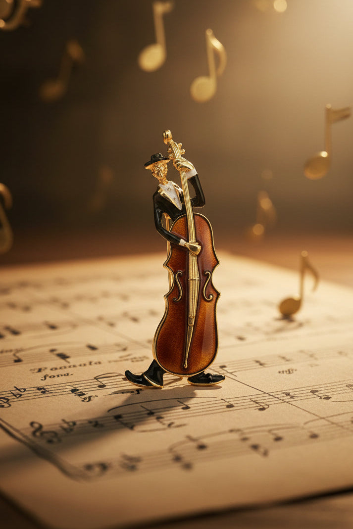 Violin-shaped brooch with gold bow on a gray background