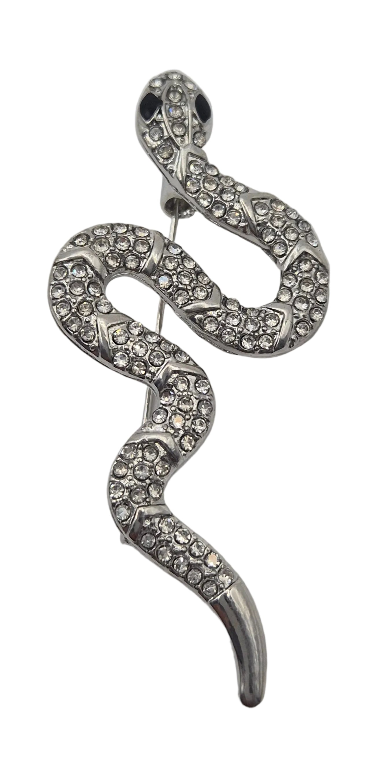 A silver snake-shaped brooch embellished with small clear rhinestones, shown against a plain white background.