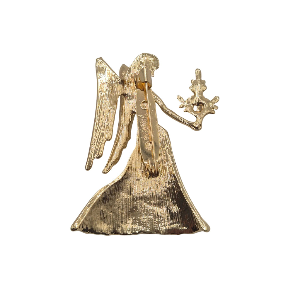 A gold tone Virgo zodiac sign brooch showing the reverse side with pin mechanism. Displayed against a plain white background.