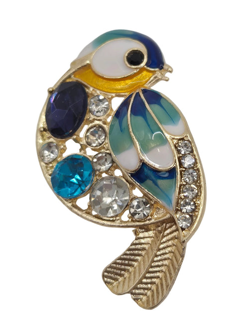 Blue and Gold Bird Brooch with Rhinestone Detail close up