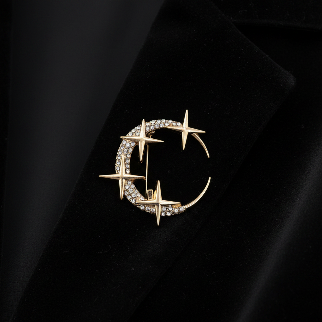 Gold rhinestone moon and stars celestial brooch on black background