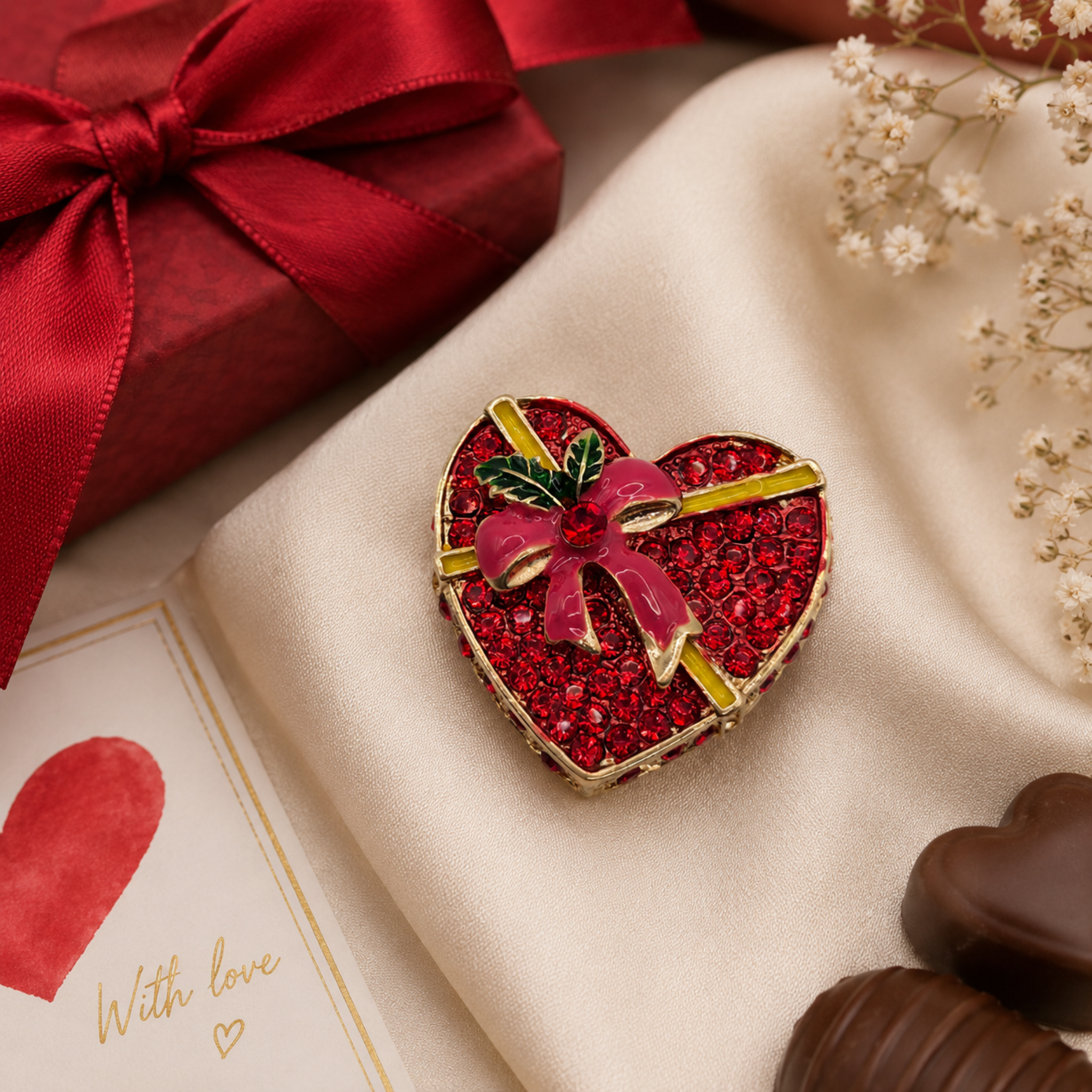 A heart-shaped brooch with red rhinestones, a pink bow, and green holly leaves, styled on a cream satin fabric with a red gift box, baby's breath flowers, and chocolates.