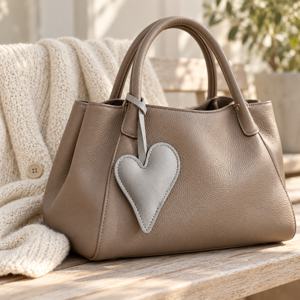 A taupe pebbled leather handbag with dual top handles and a light gray heart-shaped leather charm, resting on a wooden surface next to a cream knit blanket.
