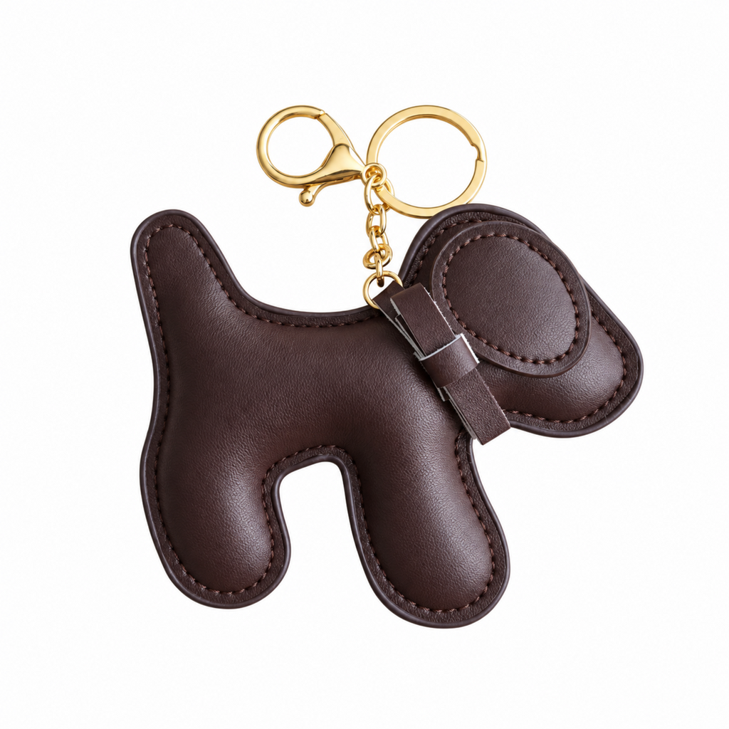 A dark brown leather dog-shaped keychain  bag charm with gold-tone metal hardware, shown on a plain white background.