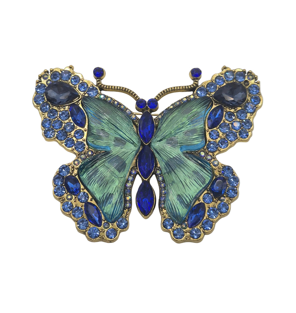 Large blue and gold butterfly brooch with rhinestones