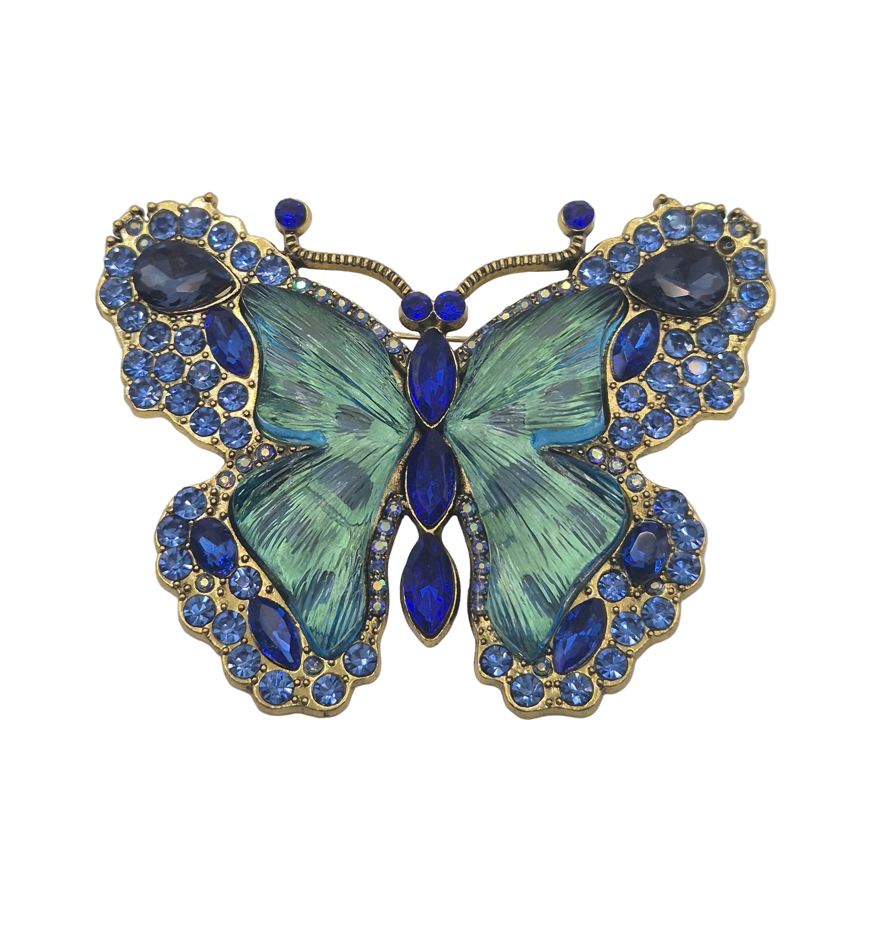 Large blue and gold butterfly brooch with rhinestones