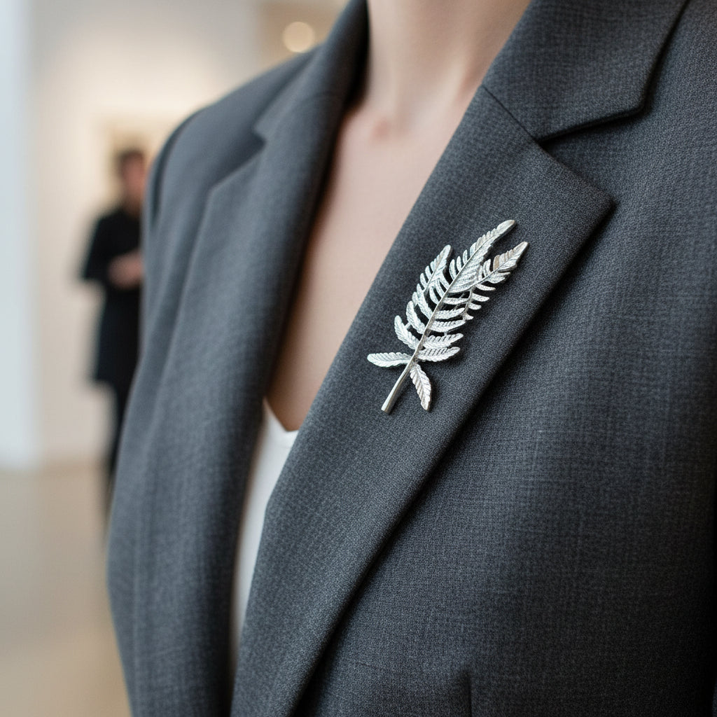A green fern leaf brooch placed on a womens grey blazer.