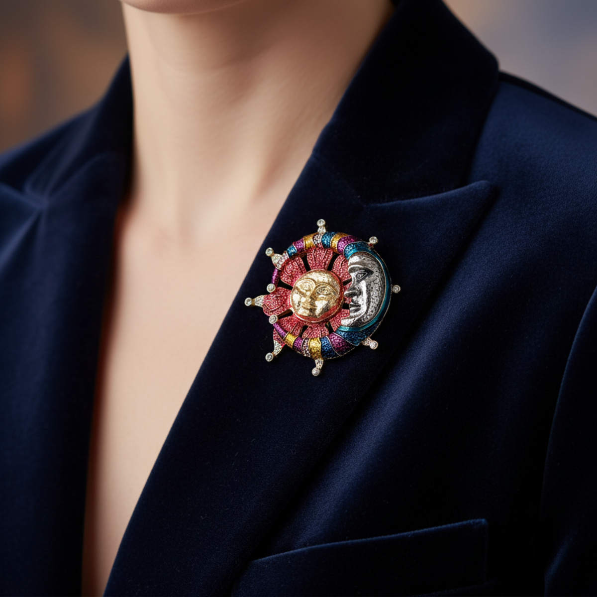 Statement moon and sun brooch in multicoloured with sparkling rhinestone detail, shown being worn on lapel of navy blue velvet blazer.