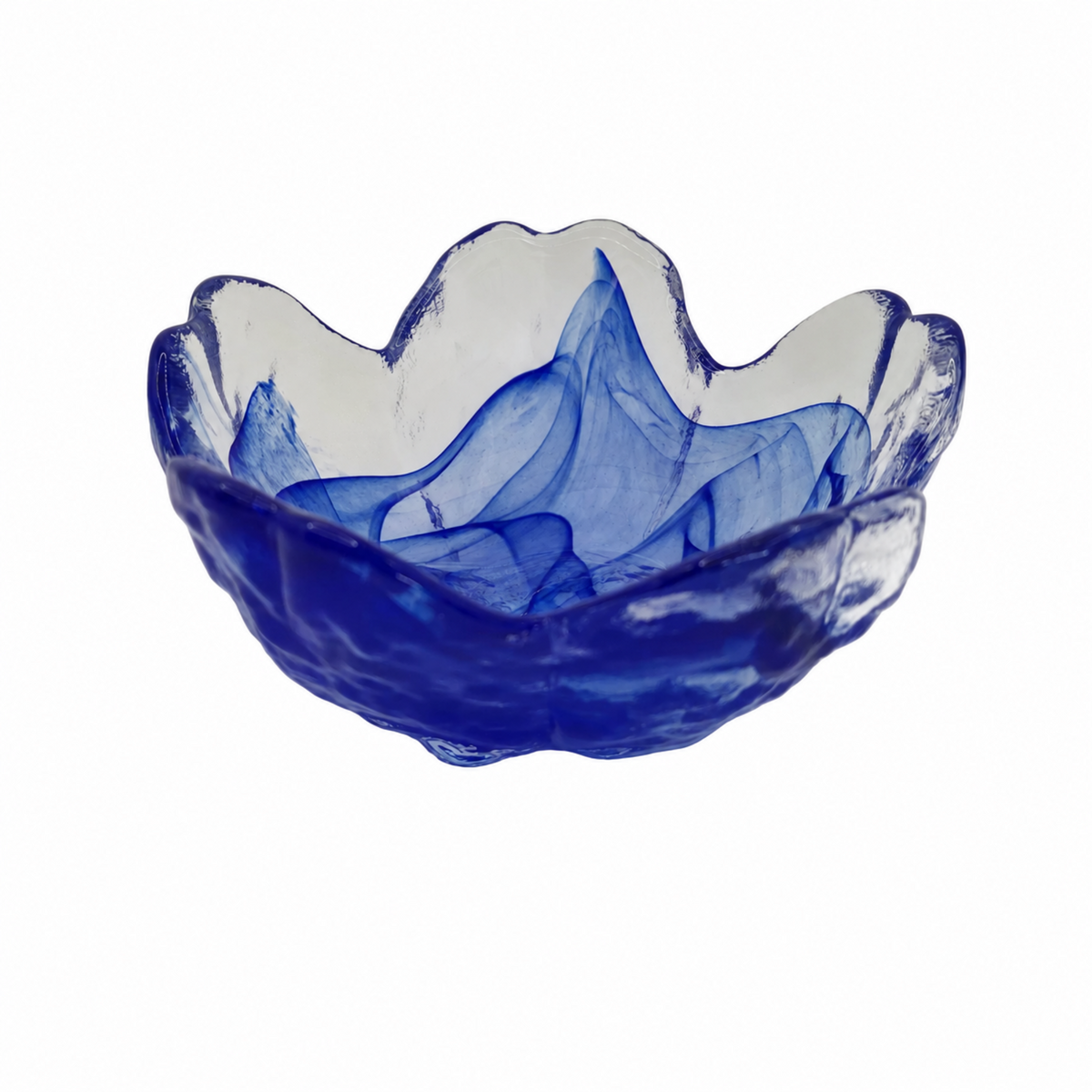 A scalloped glass bowl or trinket dish with a vibrant cobalt blue wave design, shown on a plain white background.