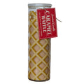 A tall glass jar candle with a clear lid, filled with yellow wax and wrapped in a printed waffle-pattern label. A red hanging tag reads 'Scented Candles Caramel Waffle'.