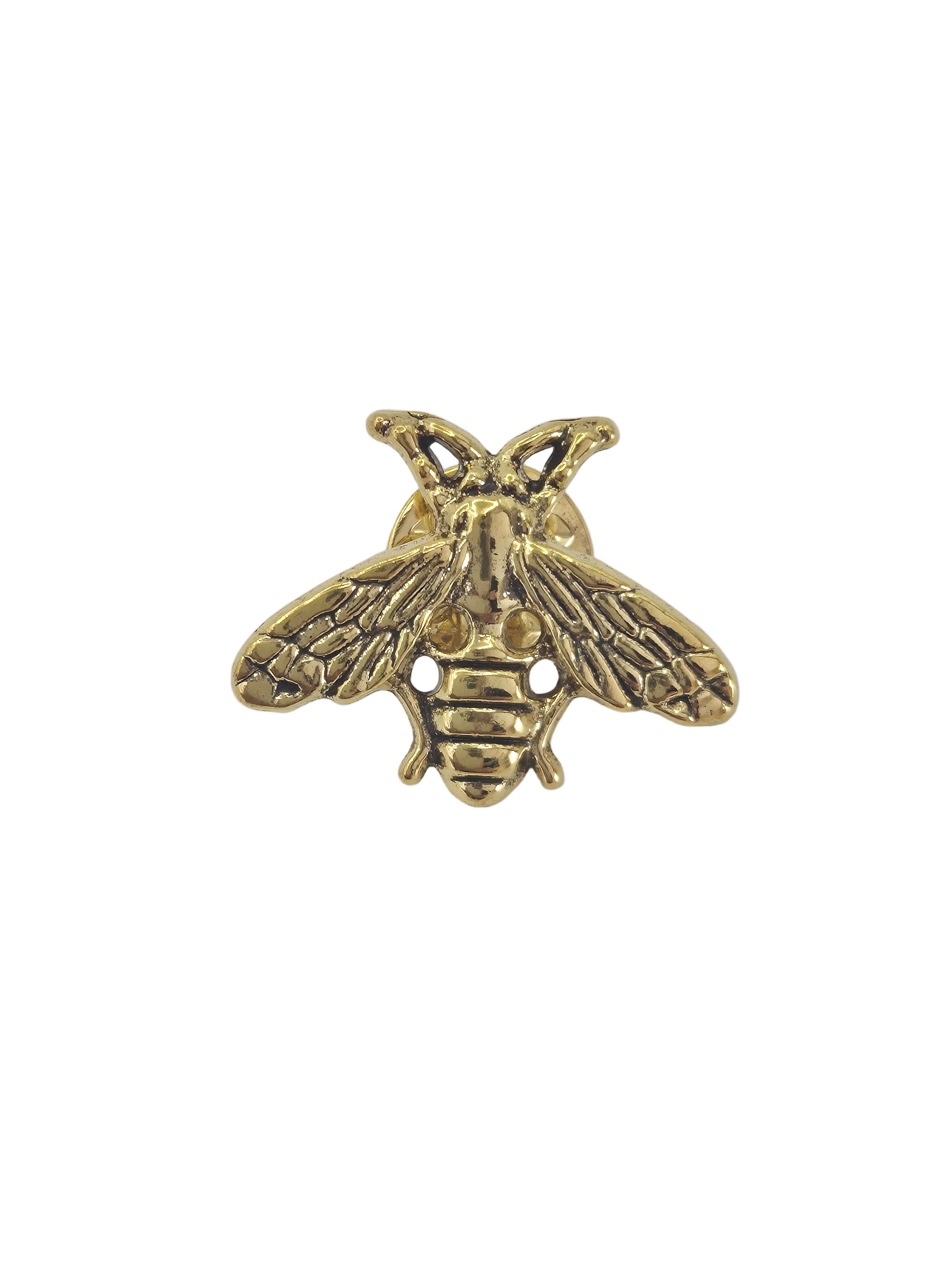 An antique gold bee pin brooch with detailed wings and a striped body, shown on a plain white background.