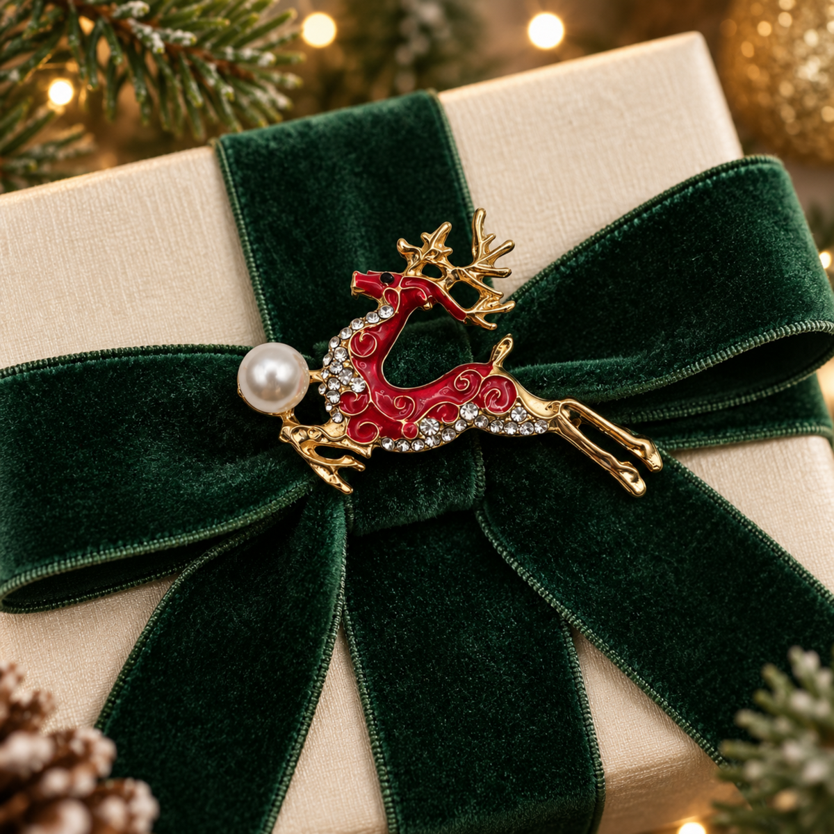 A festive Christmas reindeer brooch with a red enamel body, gold-tone metal, rhinestone details, and a pearl accent, pinned to a cream gift box tied with a dark green velvet bow.