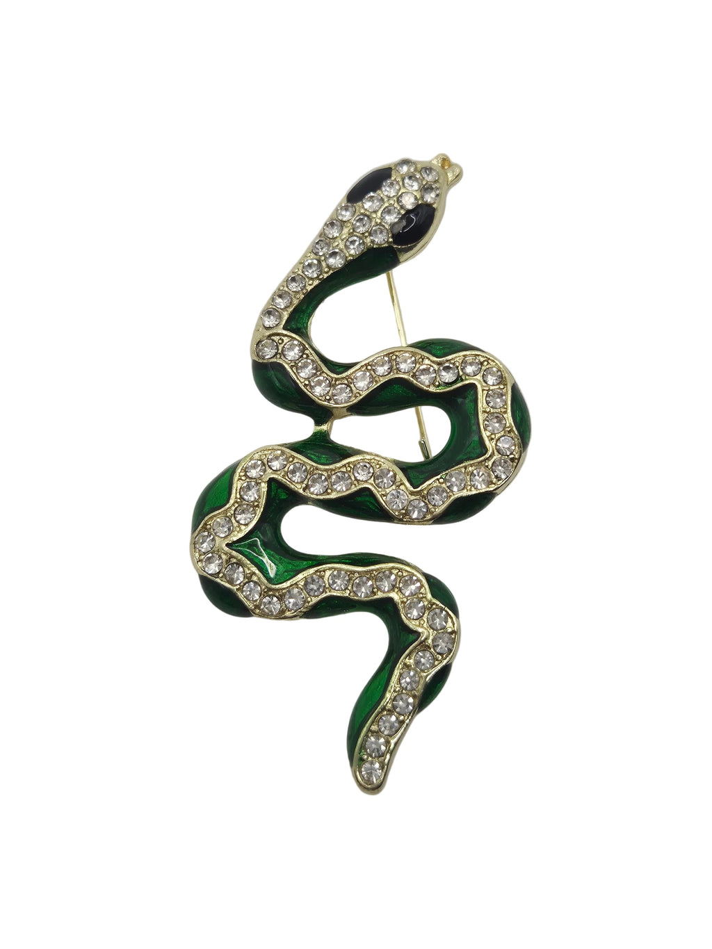 A snake-shaped brooch featuring dark green enamel, gold-tone metal, and clear rhinestones, with a black eye detail on a plain white background.