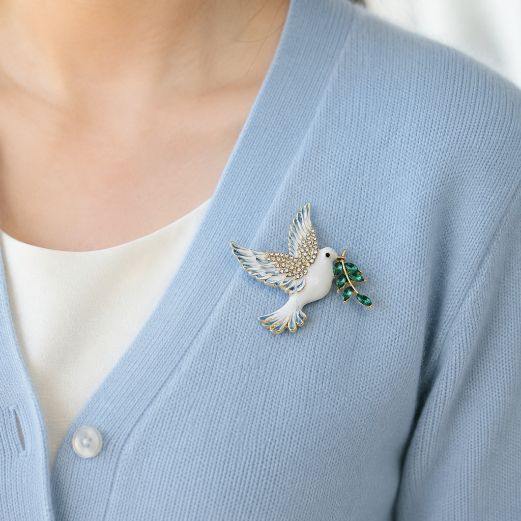 A close-up of a person wearing a light blue cardigan over a white top, featuring a detailed enamel pin of a white dove carrying a green olive branch in its beak.