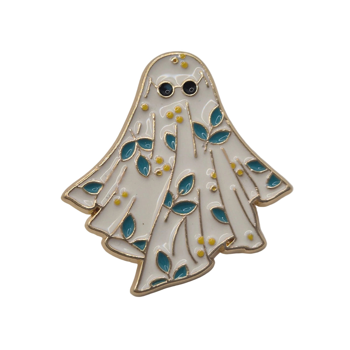 A ghost-shaped enamel pin with a white body, gold metal outline, blue leaf details, and small yellow dots, shown on a plain white background.